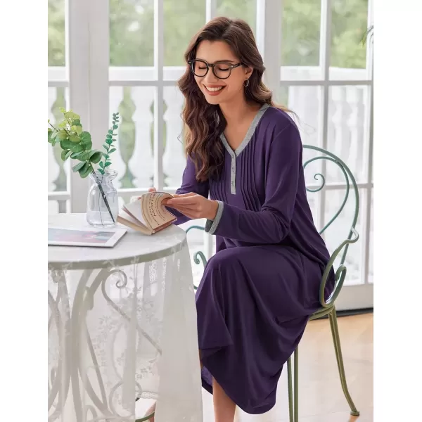 imageEkouaer Womens Long Sleeve Nightgown Full Length Sleepwear Long Sleepshirts Henley Sleep Dress S4XLDark Purple