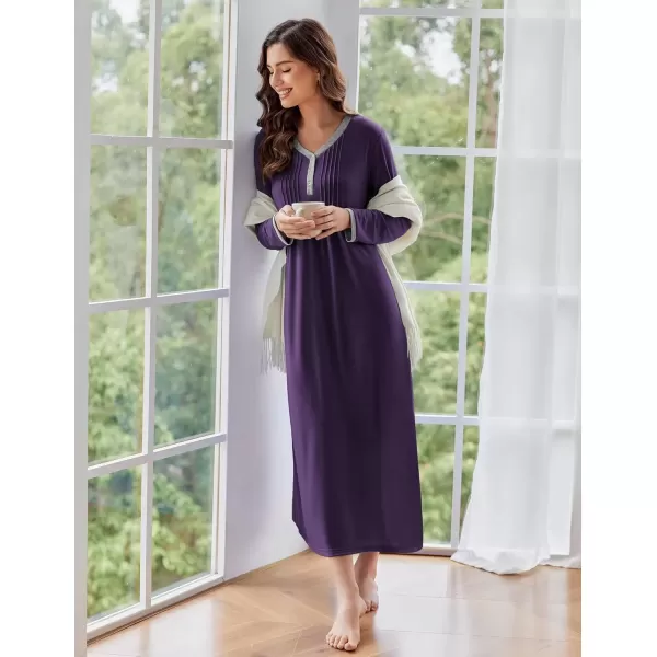 imageEkouaer Womens Long Sleeve Nightgown Full Length Sleepwear Long Sleepshirts Henley Sleep Dress S4XLDark Purple