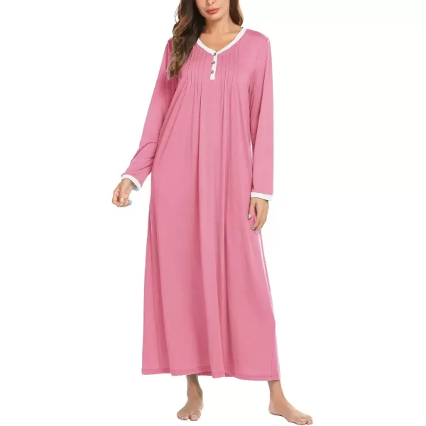 imageEkouaer Womens Long Sleeve Nightgown Full Length Sleepwear Long Sleepshirts Henley Sleep Dress S4XLPink