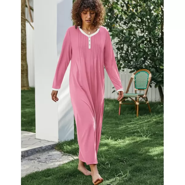 imageEkouaer Womens Long Sleeve Nightgown Full Length Sleepwear Long Sleepshirts Henley Sleep Dress S4XLPink