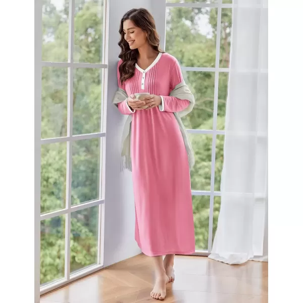 imageEkouaer Womens Long Sleeve Nightgown Full Length Sleepwear Long Sleepshirts Henley Sleep Dress S4XLPink