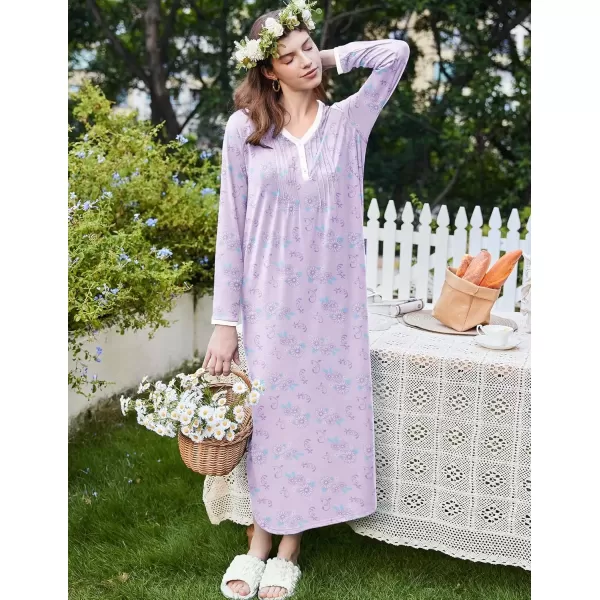 imageEkouaer Womens Long Sleeve Nightgown Full Length Sleepwear Long Sleepshirts Henley Sleep Dress S4XLPurple Flowers