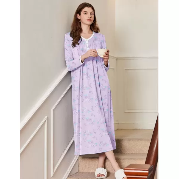 imageEkouaer Womens Long Sleeve Nightgown Full Length Sleepwear Long Sleepshirts Henley Sleep Dress S4XLPurple Flowers