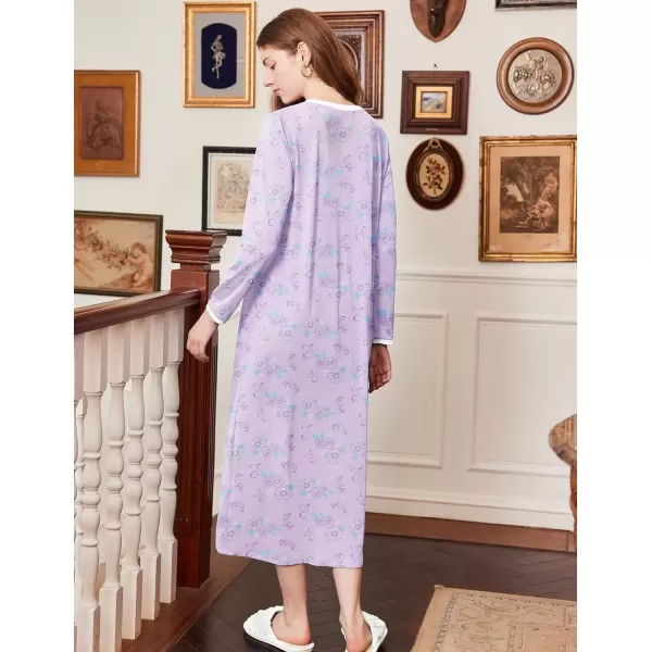 imageEkouaer Womens Long Sleeve Nightgown Full Length Sleepwear Long Sleepshirts Henley Sleep Dress S4XLPurple Flowers