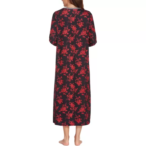 imageEkouaer Womens Long Sleeve Nightgown Full Length Sleepwear Long Sleepshirts Henley Sleep Dress S4XLRed Flowers