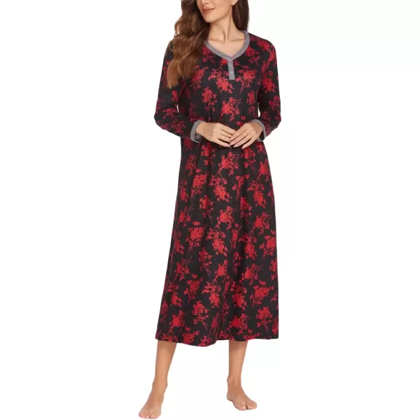 imageEkouaer Womens Long Sleeve Nightgown Full Length Sleepwear Long Sleepshirts Henley Sleep Dress S4XLRed Flowers