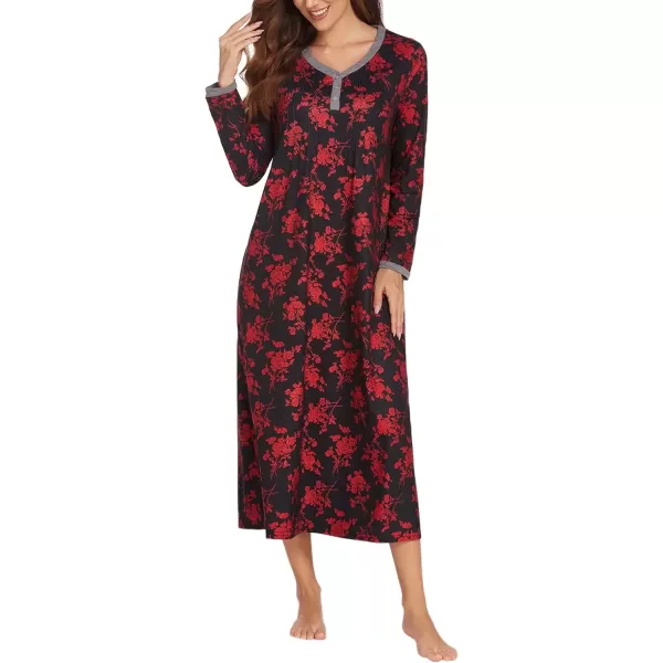 imageEkouaer Womens Long Sleeve Nightgown Full Length Sleepwear Long Sleepshirts Henley Sleep Dress S4XLRed Flowers