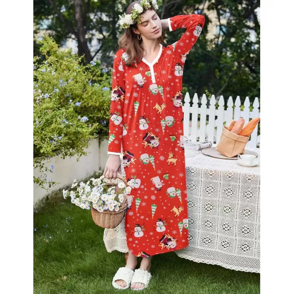 imageEkouaer Womens Long Sleeve Nightgown Full Length Sleepwear Long Sleepshirts Henley Sleep Dress S4XLZsnowman Red