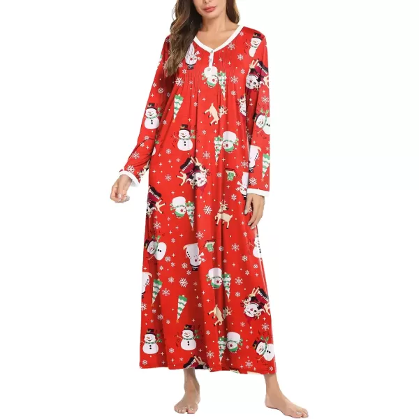 imageEkouaer Womens Long Sleeve Nightgown Full Length Sleepwear Long Sleepshirts Henley Sleep Dress S4XLZsnowman Red