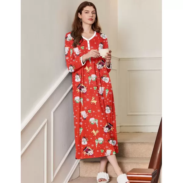 imageEkouaer Womens Long Sleeve Nightgown Full Length Sleepwear Long Sleepshirts Henley Sleep Dress S4XLZsnowman Red