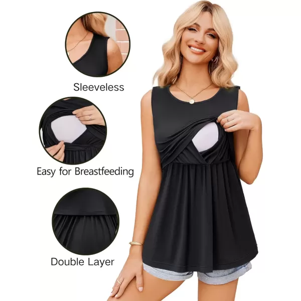imageEkouaer Womens Maternity Nursing Tank Tops Sleeveless Scoop Neck Breastfeeding Shirt 3 Pack Double Layer Pregnancy ClothesBlackLight GrayLight Blue