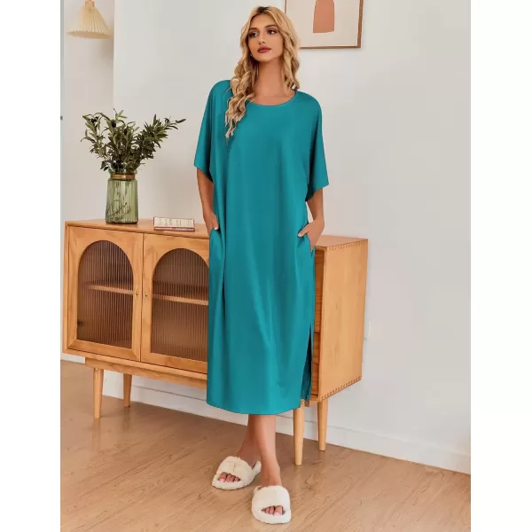 imageEkouaer Womens Nightgown Short Sleeve Sleepshirt Long Loungewear Casual Maxi Lounge Dress House Dresses with PocketsAqua Green