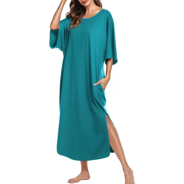 imageEkouaer Womens Nightgown Short Sleeve Sleepshirt Long Loungewear Casual Maxi Lounge Dress House Dresses with PocketsAqua Green