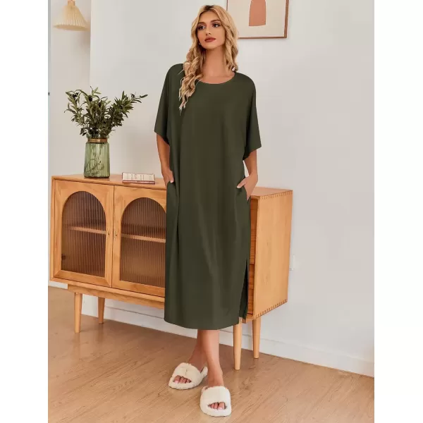 imageEkouaer Womens Nightgown Short Sleeve Sleepshirt Long Loungewear Casual Maxi Lounge Dress House Dresses with PocketsArmy Green