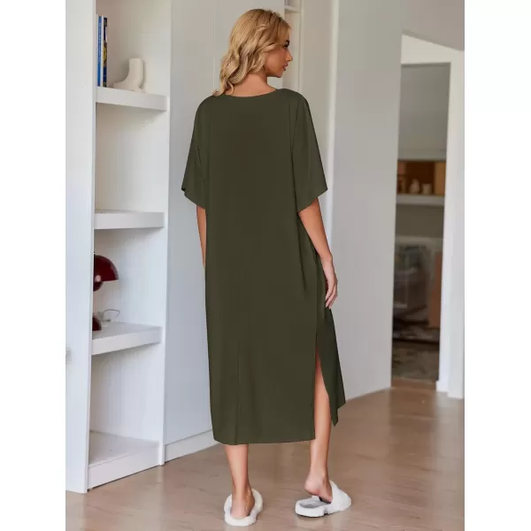 imageEkouaer Womens Nightgown Short Sleeve Sleepshirt Long Loungewear Casual Maxi Lounge Dress House Dresses with PocketsArmy Green