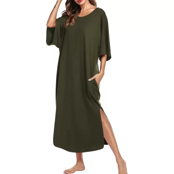 imageEkouaer Womens Nightgown Short Sleeve Sleepshirt Long Loungewear Casual Maxi Lounge Dress House Dresses with PocketsArmy Green