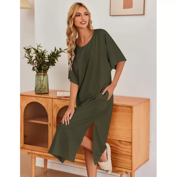 imageEkouaer Womens Nightgown Short Sleeve Sleepshirt Long Loungewear Casual Maxi Lounge Dress House Dresses with PocketsArmy Green