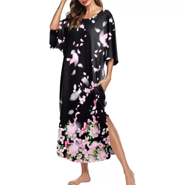 imageEkouaer Womens Nightgown Short Sleeve Sleepshirt Long Loungewear Casual Maxi Lounge Dress House Dresses with PocketsBegonia Black