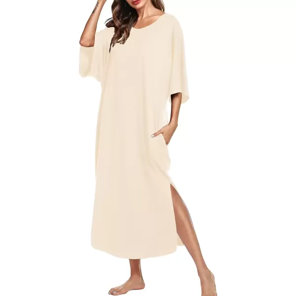 imageEkouaer Womens Nightgown Short Sleeve Sleepshirt Long Loungewear Casual Maxi Lounge Dress House Dresses with PocketsBeige