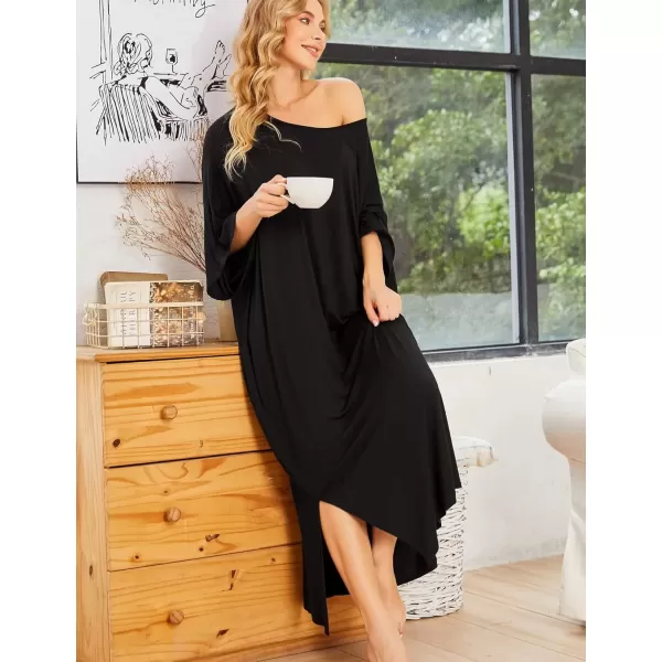 imageEkouaer Womens Nightgown Short Sleeve Sleepshirt Long Loungewear Casual Maxi Lounge Dress House Dresses with PocketsBlack