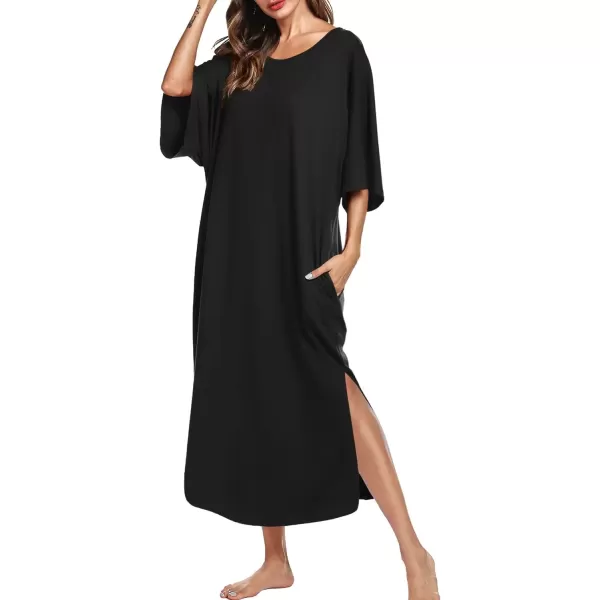 imageEkouaer Womens Nightgown Short Sleeve Sleepshirt Long Loungewear Casual Maxi Lounge Dress House Dresses with PocketsBlack