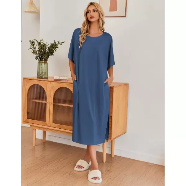 imageEkouaer Womens Nightgown Short Sleeve Sleepshirt Long Loungewear Casual Maxi Lounge Dress House Dresses with PocketsBlue