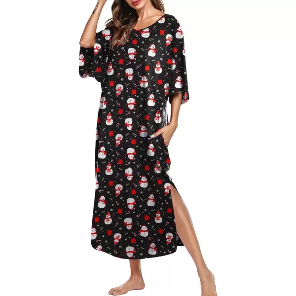 imageEkouaer Womens Nightgown Short Sleeve Sleepshirt Long Loungewear Casual Maxi Lounge Dress House Dresses with PocketsChristmas Black Snowman