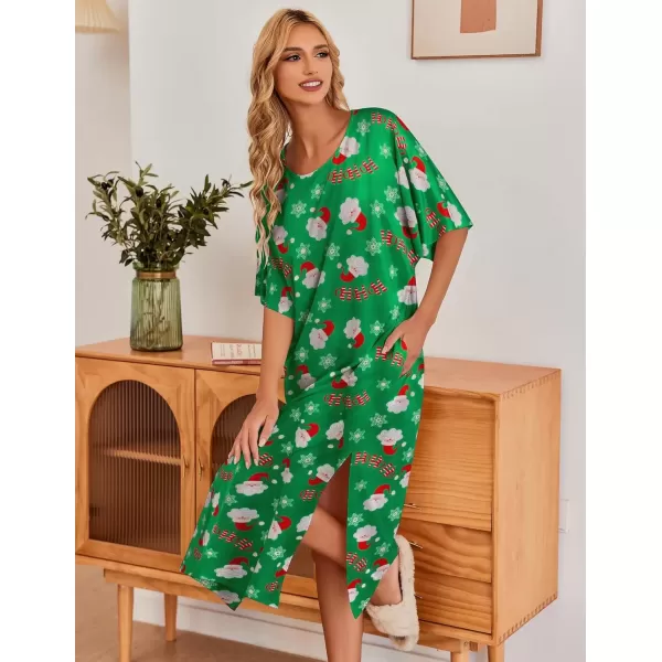 imageEkouaer Womens Nightgown Short Sleeve Sleepshirt Long Loungewear Casual Maxi Lounge Dress House Dresses with PocketsChristmas Green Snowman