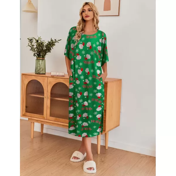 imageEkouaer Womens Nightgown Short Sleeve Sleepshirt Long Loungewear Casual Maxi Lounge Dress House Dresses with PocketsChristmas Green Snowman