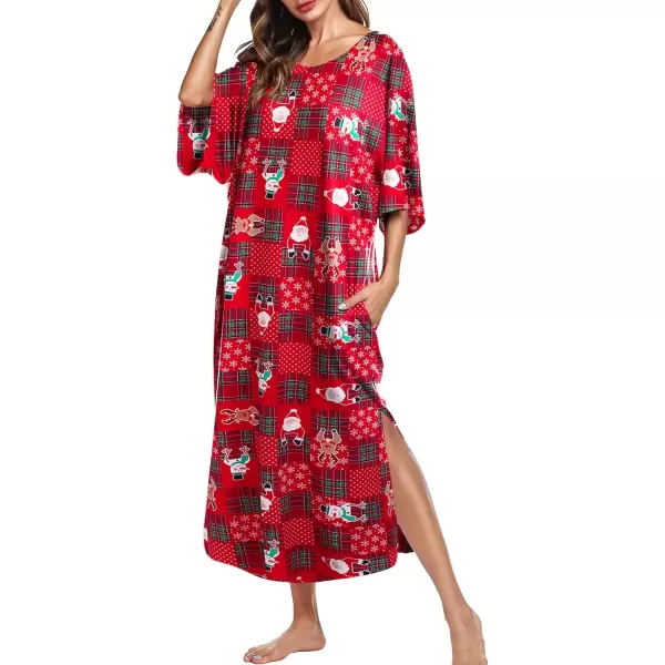 imageEkouaer Womens Nightgown Short Sleeve Sleepshirt Long Loungewear Casual Maxi Lounge Dress House Dresses with PocketsChristmas Red Plaid