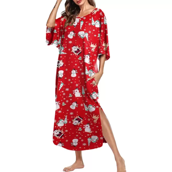 imageEkouaer Womens Nightgown Short Sleeve Sleepshirt Long Loungewear Casual Maxi Lounge Dress House Dresses with PocketsChristmas Red Snowman