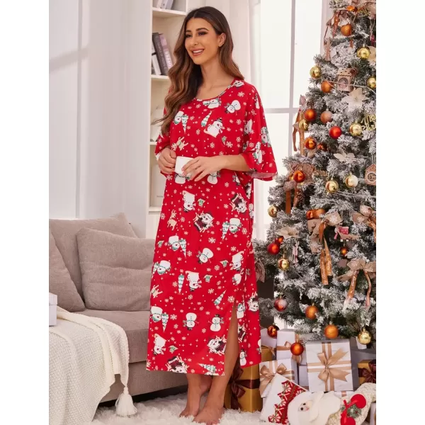 imageEkouaer Womens Nightgown Short Sleeve Sleepshirt Long Loungewear Casual Maxi Lounge Dress House Dresses with PocketsChristmas Red Snowman