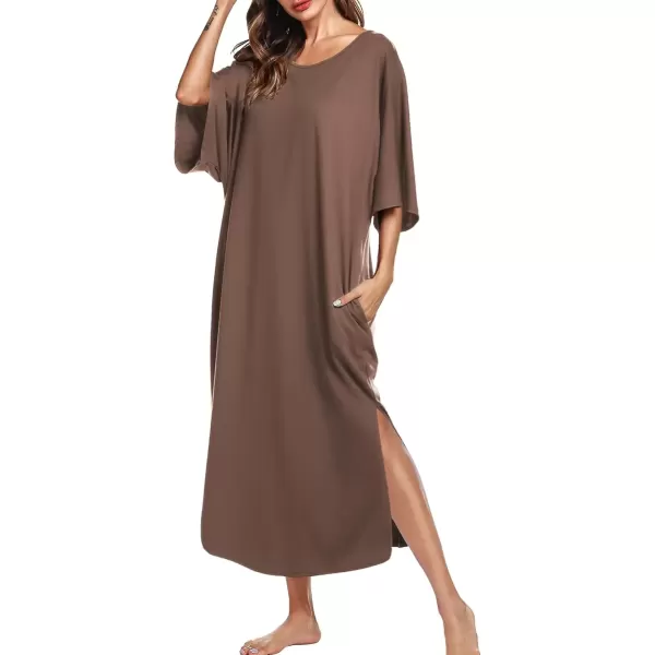 imageEkouaer Womens Nightgown Short Sleeve Sleepshirt Long Loungewear Casual Maxi Lounge Dress House Dresses with PocketsCoffee