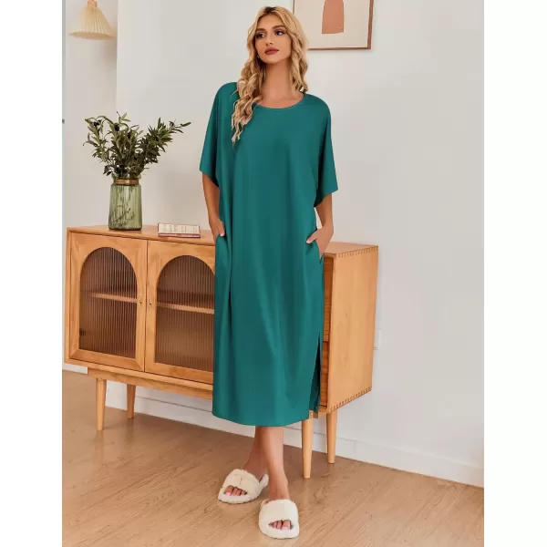 imageEkouaer Womens Nightgown Short Sleeve Sleepshirt Long Loungewear Casual Maxi Lounge Dress House Dresses with PocketsDark Green