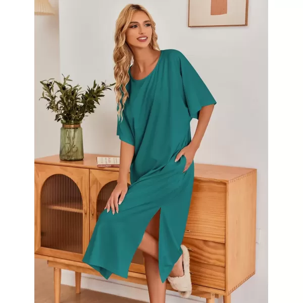 imageEkouaer Womens Nightgown Short Sleeve Sleepshirt Long Loungewear Casual Maxi Lounge Dress House Dresses with PocketsDark Green