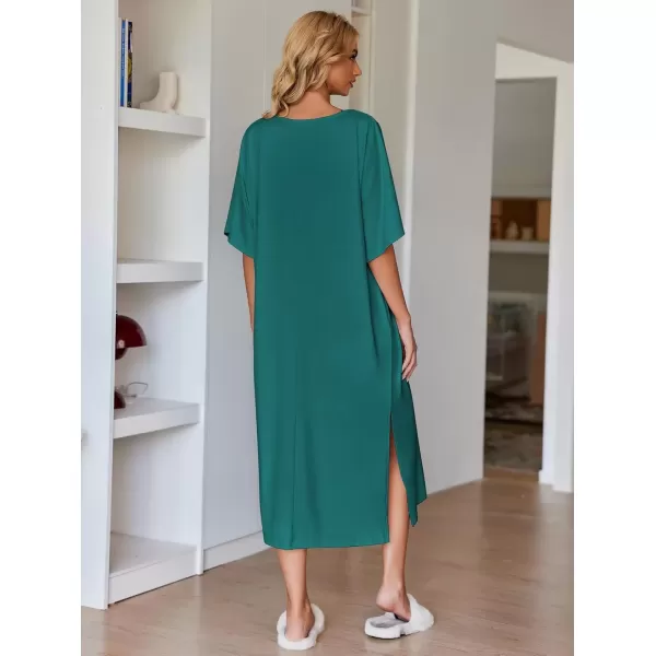 imageEkouaer Womens Nightgown Short Sleeve Sleepshirt Long Loungewear Casual Maxi Lounge Dress House Dresses with PocketsDark Green