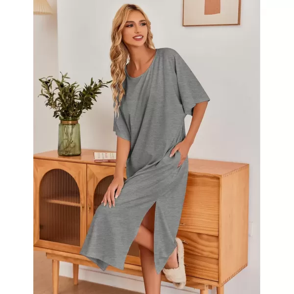 imageEkouaer Womens Nightgown Short Sleeve Sleepshirt Long Loungewear Casual Maxi Lounge Dress House Dresses with PocketsDark Grey