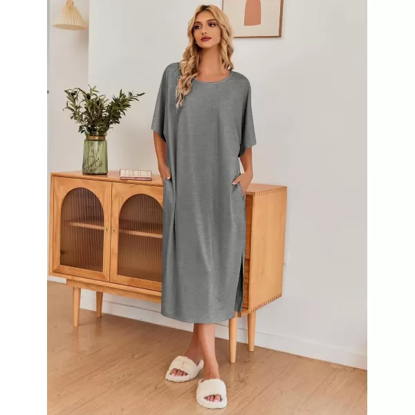 imageEkouaer Womens Nightgown Short Sleeve Sleepshirt Long Loungewear Casual Maxi Lounge Dress House Dresses with PocketsDark Grey