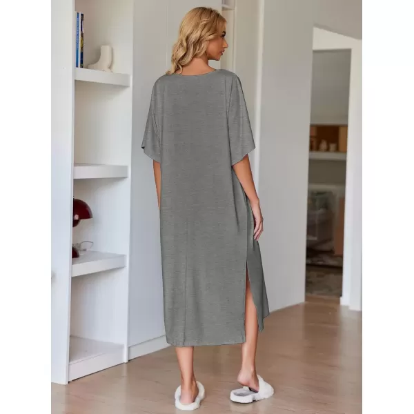 imageEkouaer Womens Nightgown Short Sleeve Sleepshirt Long Loungewear Casual Maxi Lounge Dress House Dresses with PocketsDark Grey