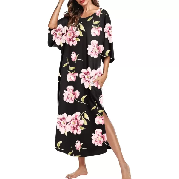 imageEkouaer Womens Nightgown Short Sleeve Sleepshirt Long Loungewear Casual Maxi Lounge Dress House Dresses with PocketsFlower Black