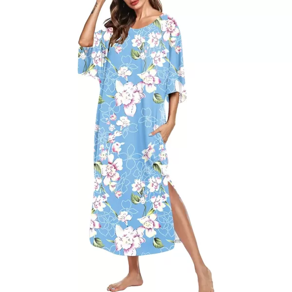 imageEkouaer Womens Nightgown Short Sleeve Sleepshirt Long Loungewear Casual Maxi Lounge Dress House Dresses with PocketsFlower Blue