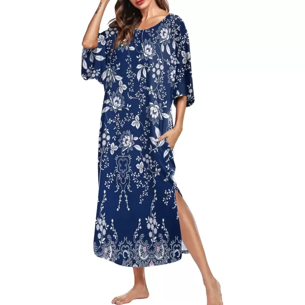 imageEkouaer Womens Nightgown Short Sleeve Sleepshirt Long Loungewear Casual Maxi Lounge Dress House Dresses with PocketsFlower Navy