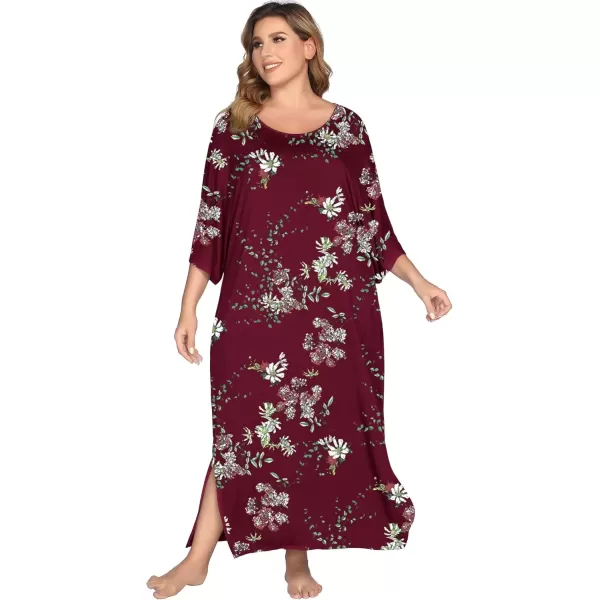 imageEkouaer Womens Nightgown Short Sleeve Sleepshirt Long Loungewear Casual Maxi Lounge Dress House Dresses with PocketsFlower Wine Red