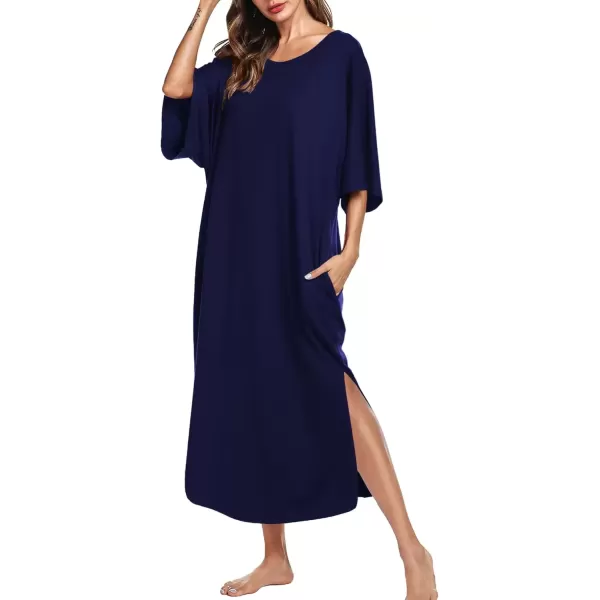 imageEkouaer Womens Nightgown Short Sleeve Sleepshirt Long Loungewear Casual Maxi Lounge Dress House Dresses with PocketsNavy Blue