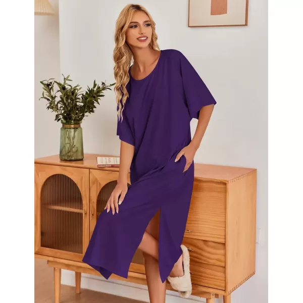 imageEkouaer Womens Nightgown Short Sleeve Sleepshirt Long Loungewear Casual Maxi Lounge Dress House Dresses with PocketsPurple