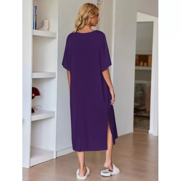 imageEkouaer Womens Nightgown Short Sleeve Sleepshirt Long Loungewear Casual Maxi Lounge Dress House Dresses with PocketsPurple