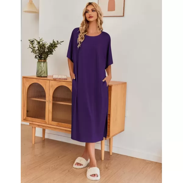 imageEkouaer Womens Nightgown Short Sleeve Sleepshirt Long Loungewear Casual Maxi Lounge Dress House Dresses with PocketsPurple