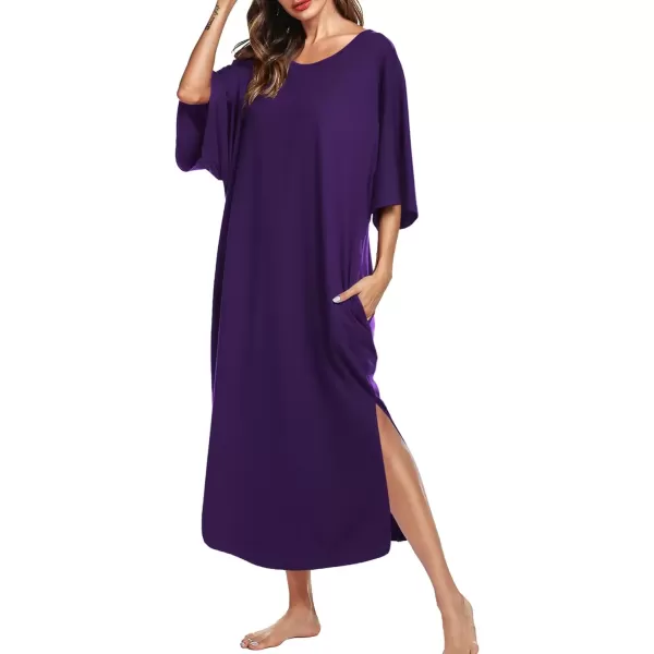 imageEkouaer Womens Nightgown Short Sleeve Sleepshirt Long Loungewear Casual Maxi Lounge Dress House Dresses with PocketsPurple