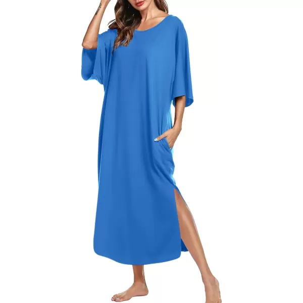 imageEkouaer Womens Nightgown Short Sleeve Sleepshirt Long Loungewear Casual Maxi Lounge Dress House Dresses with PocketsSnorkel Blue