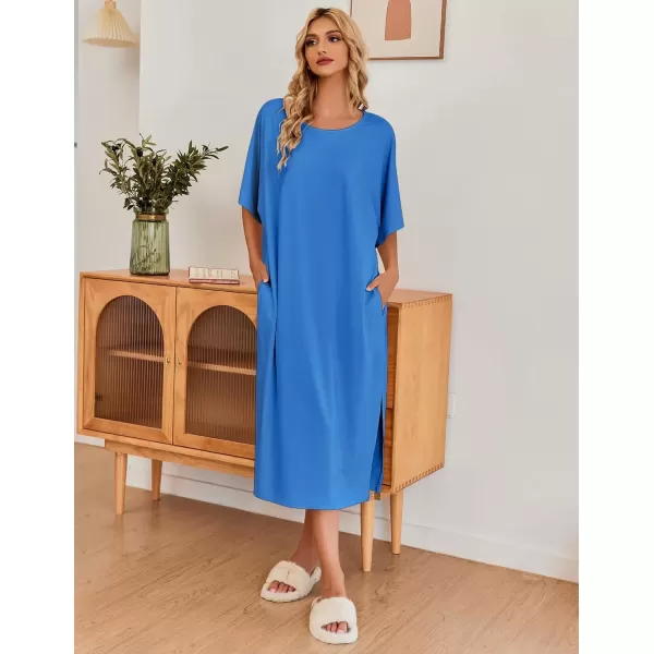 imageEkouaer Womens Nightgown Short Sleeve Sleepshirt Long Loungewear Casual Maxi Lounge Dress House Dresses with PocketsSnorkel Blue